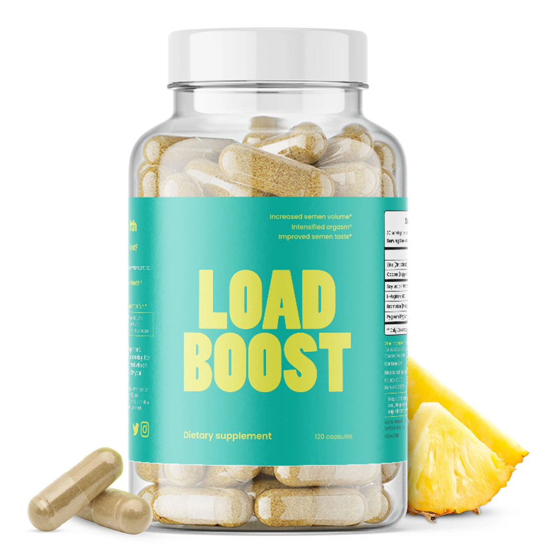 Supplement bottle labeled 'Load Boost' with capsules and a pineapple on a white background. A supplement from VB Health for semen volume, orgasm intensity, and improved taste