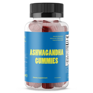 Bottle of Ashwagandha gummies with a blue label on a white background