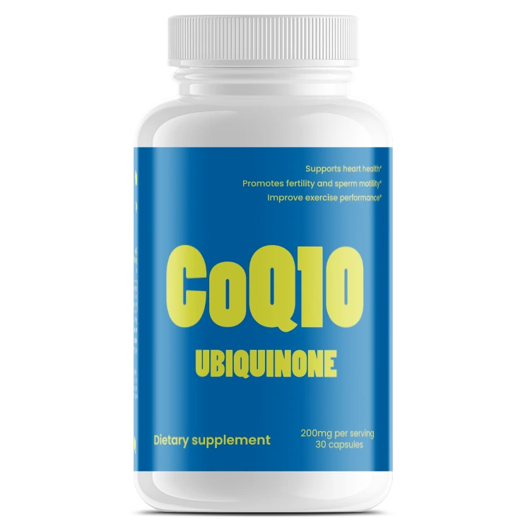 Supplement bottle labeled 'CoQ10 Ubiquinone' on a white background