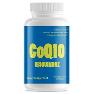 Supplement bottle labeled 'CoQ10 Ubiquinone' on a white background