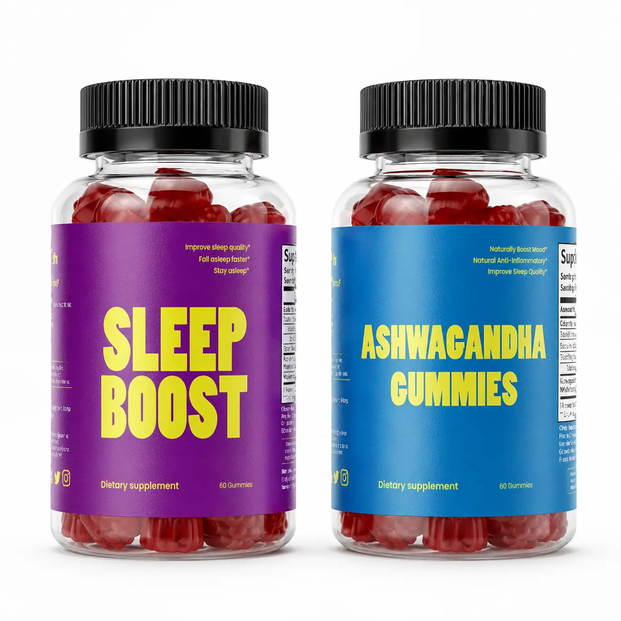 Two bottles of gummy supplements labeled 'Sleep Boost' melatonin gummies and 'Ashwagandha Gummies' on a white background.