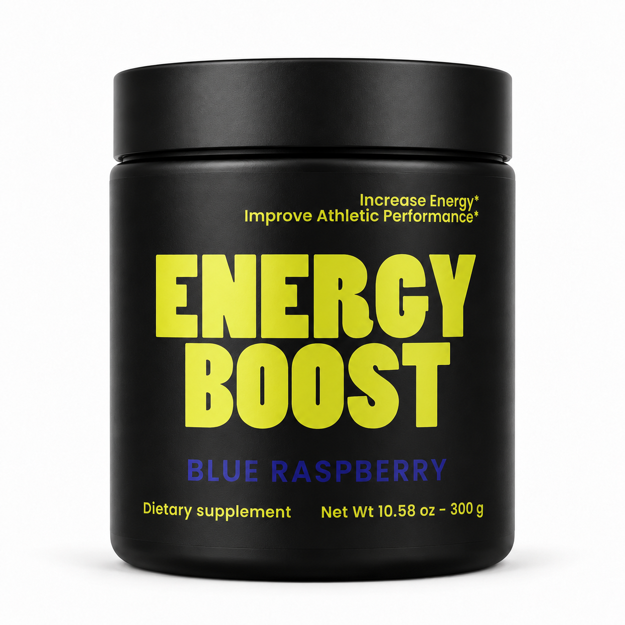 Front of bottle. Black container of 'Energy Boost' drink mix with yellow and blue text on a white background