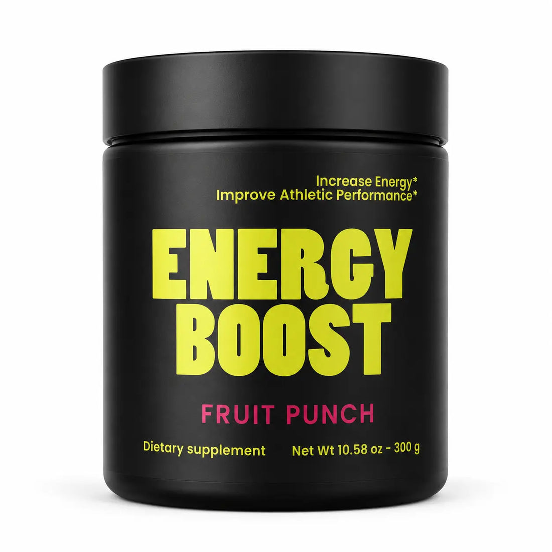 Front of bottle. Black container of 'Energy Boost' drink mix with yellow and pink text on a white background