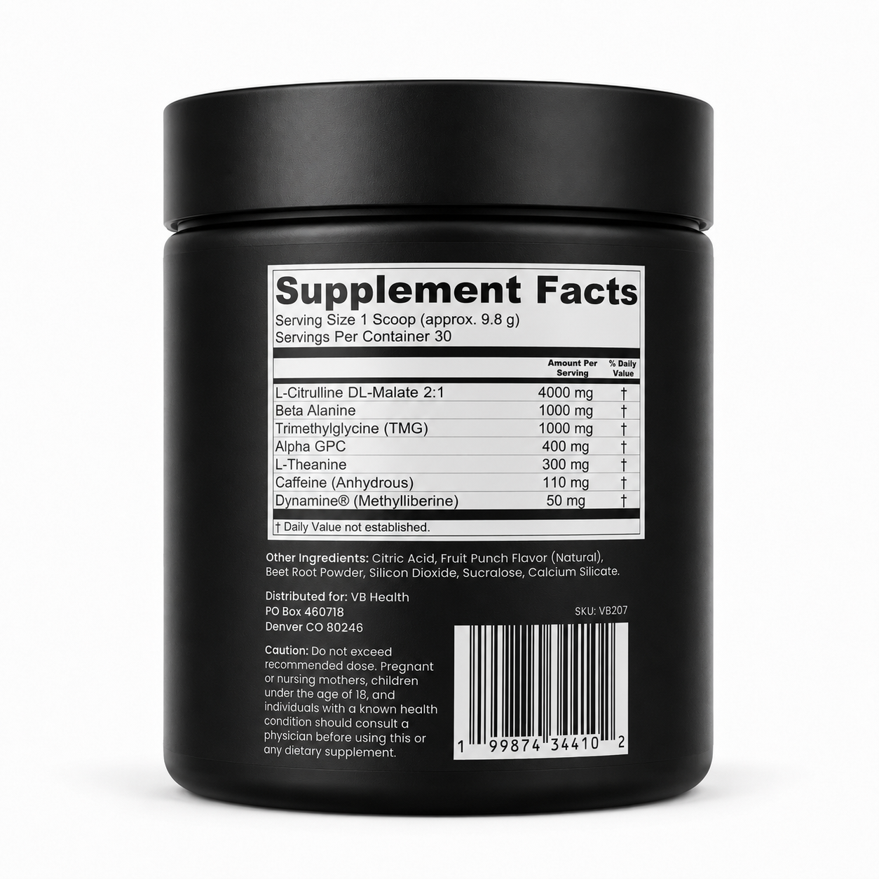 Side of bottle - supplement facts. Black container of 'Energy Boost Fruit Punch' drink mix with yellow and pink text on a white background