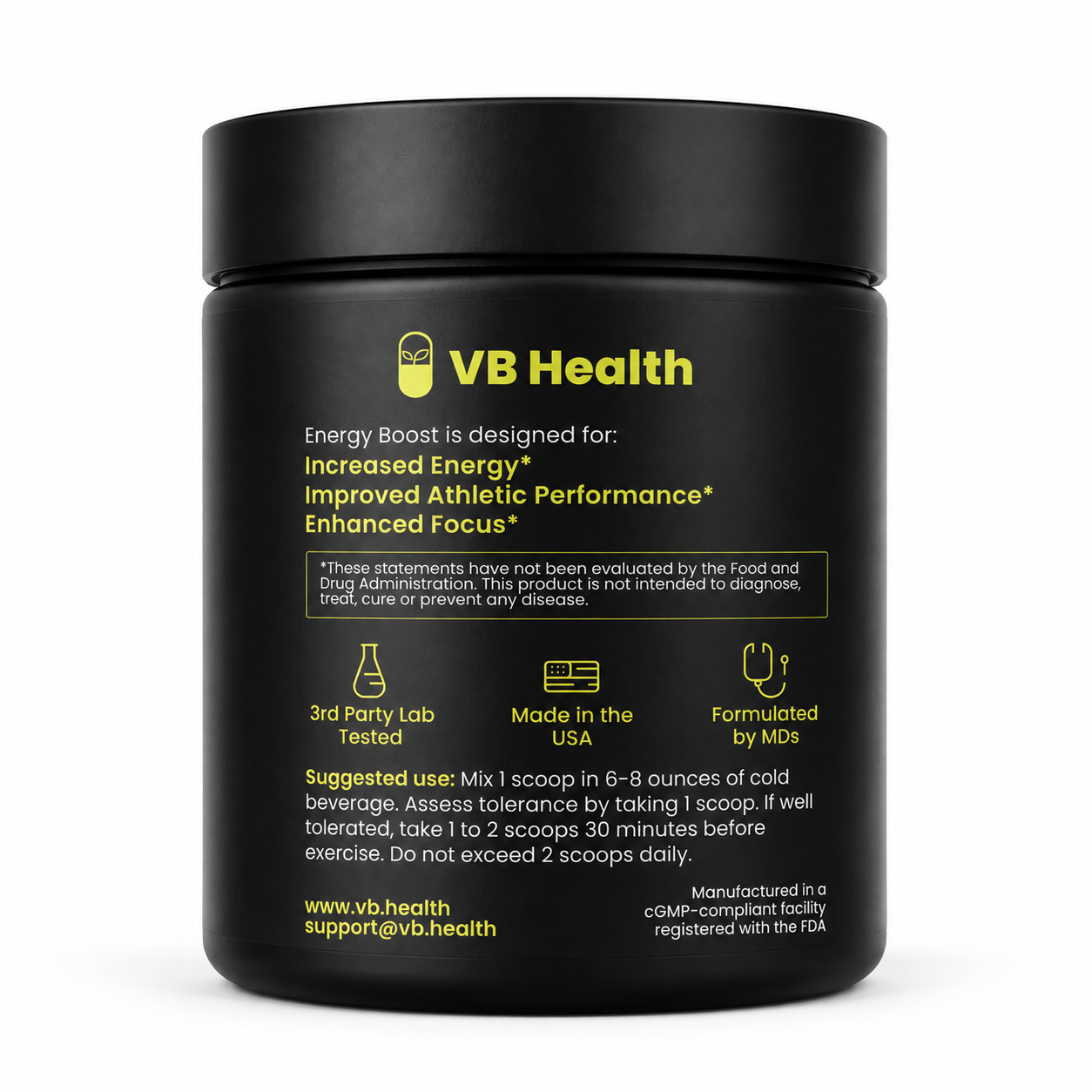 Side of bottle - how to take supplement. Black container of 'Energy Boost' drink mix with yellow and pink text on a white background