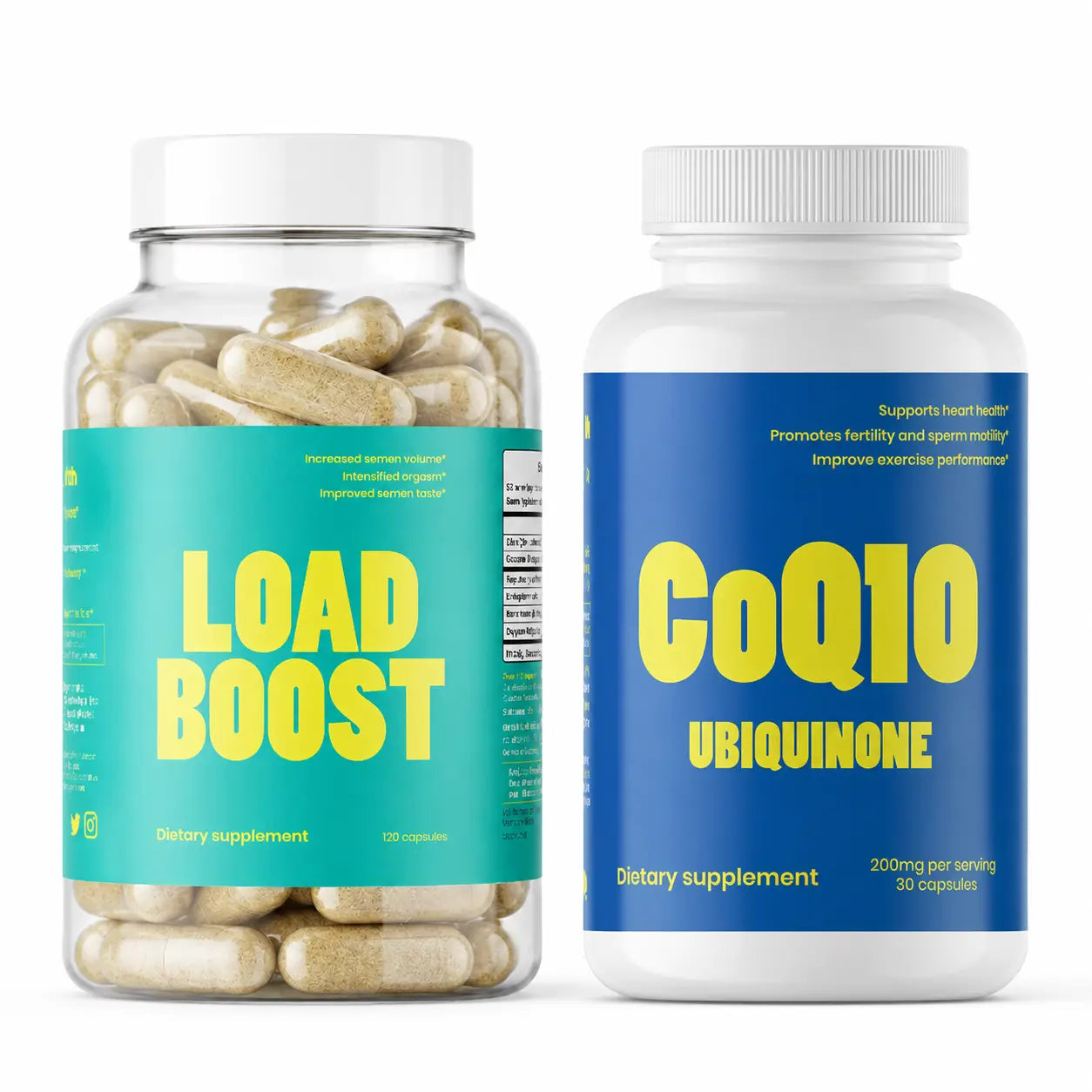 Fertility stack from VB Health - Two supplement bottles labeled 'Load Boost' and 'CoQ10 Ubiquinone' on a white background.