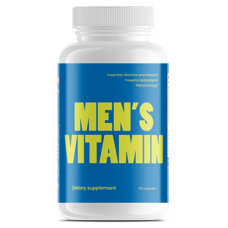 Men's daily multivitamin supplement bottle with blue label and white cap on a white background