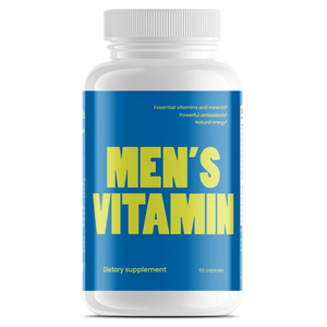 Men's daily multivitamin supplement bottle with blue label and white cap on a white background
