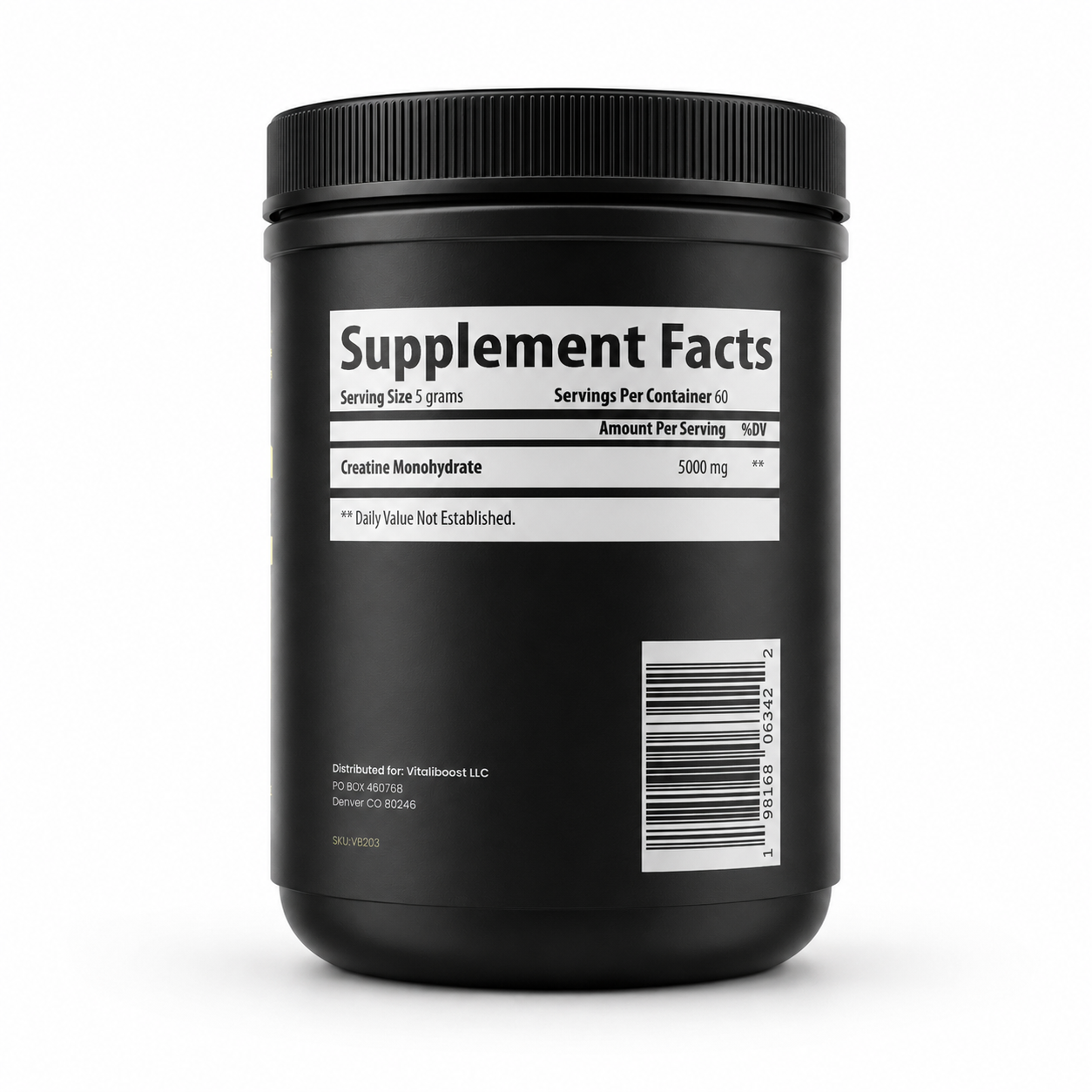 Side of bottle that shows supplement facts. Black container of VB Health Muscle Boost with yellow text on a white background