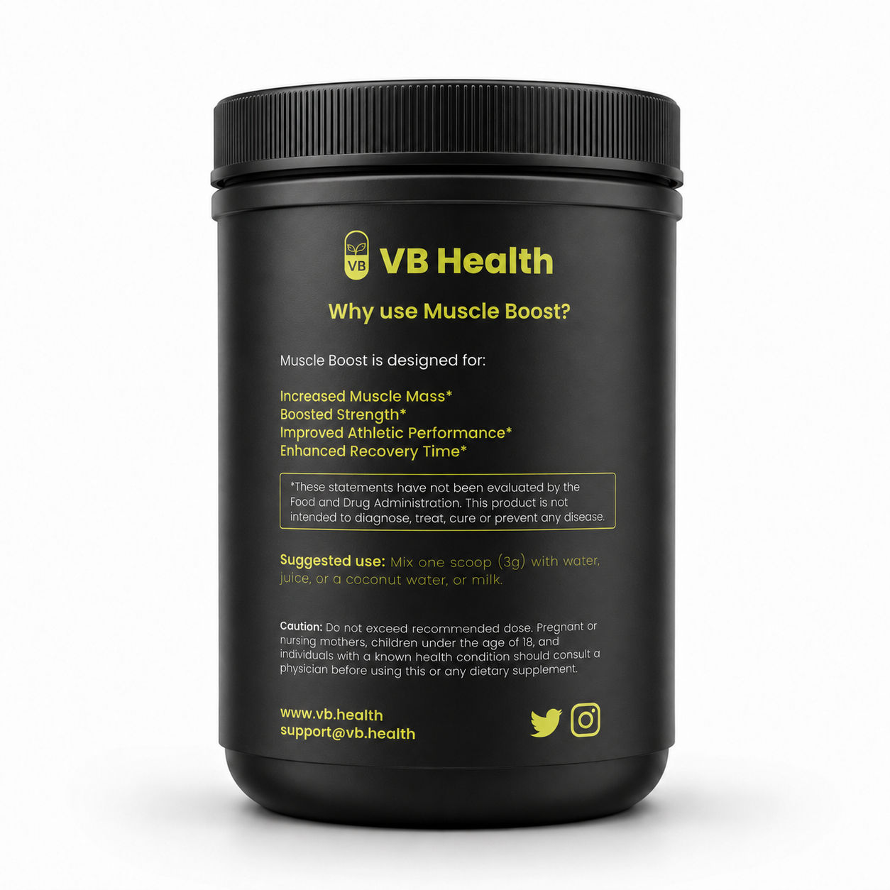 Side of bottle that shows suggested use. Black container of VB Health Muscle Boost with yellow text on a white background