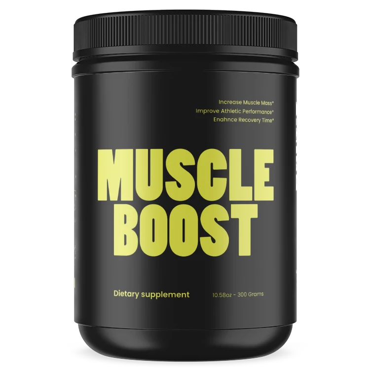 Black supplement container with 'Muscle Boost' in yellow text on a white background. A Creatine Monohydrate supplement from VB Health