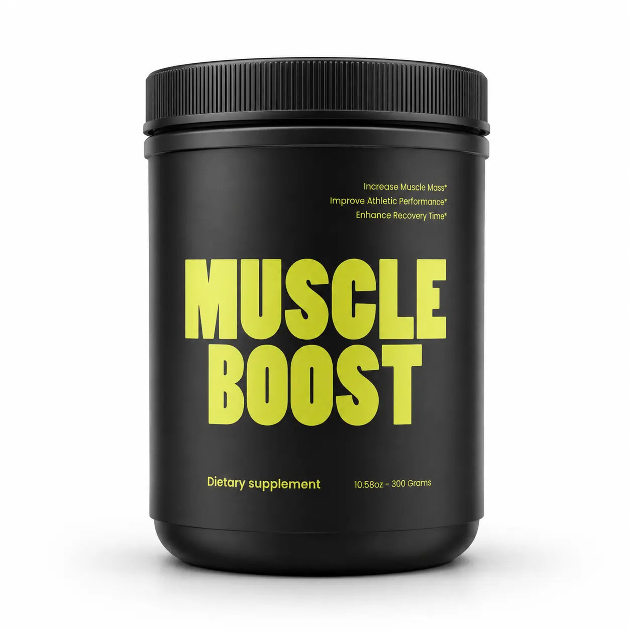 Black supplement container with 'Muscle Boost' in yellow text on a white background. A Creatine Monohydrate supplement from VB Health