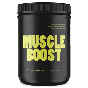 Black supplement container with 'Muscle Boost' in yellow text on a white background. A Creatine Monohydrate supplement from VB Health