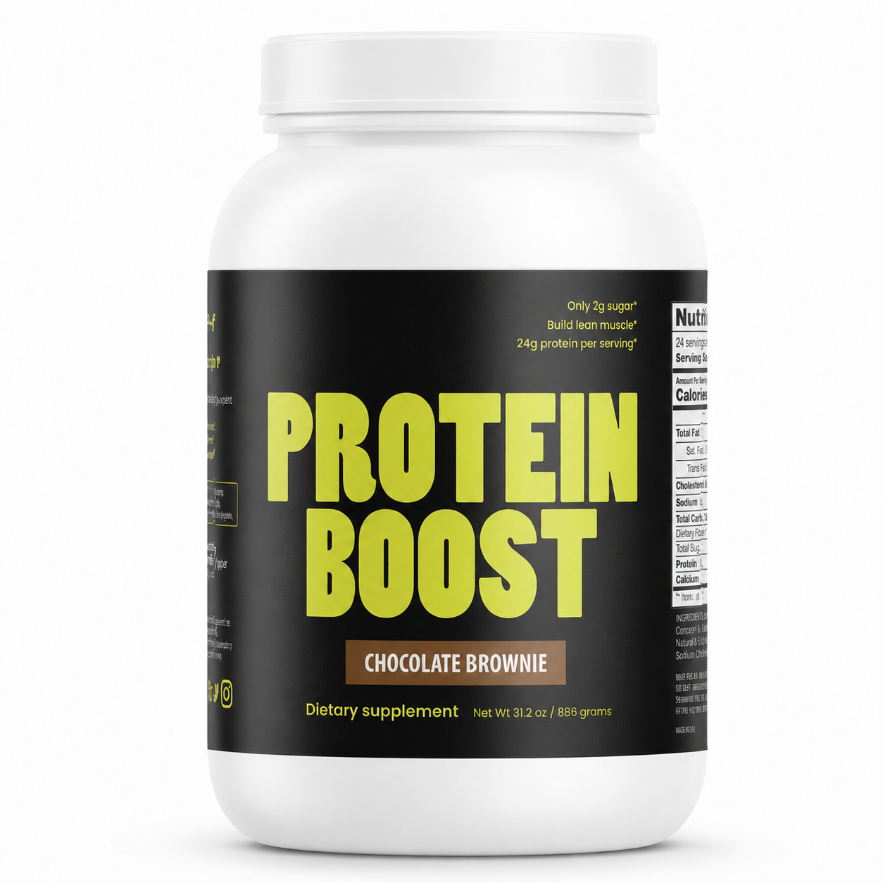 Protein boost supplement container with 'Chocolate Brownie' flavor on a white background