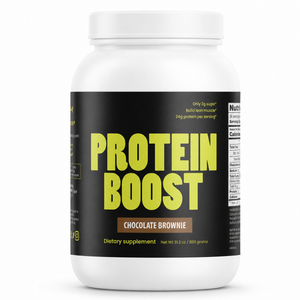 Protein boost supplement container with 'Chocolate Brownie' flavor on a white background