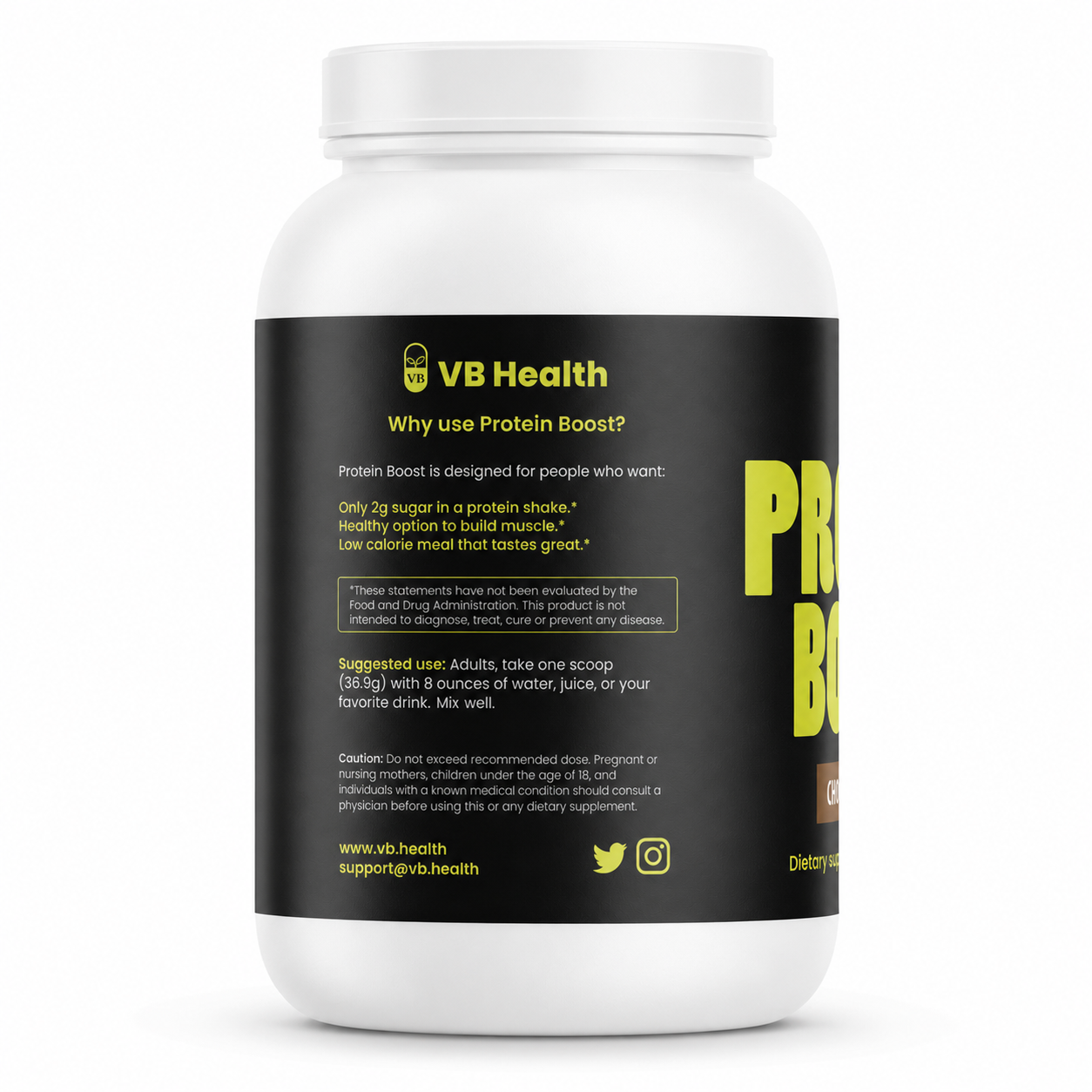 VB Health protein supplement container side of bottle with directions. Black label on a white background