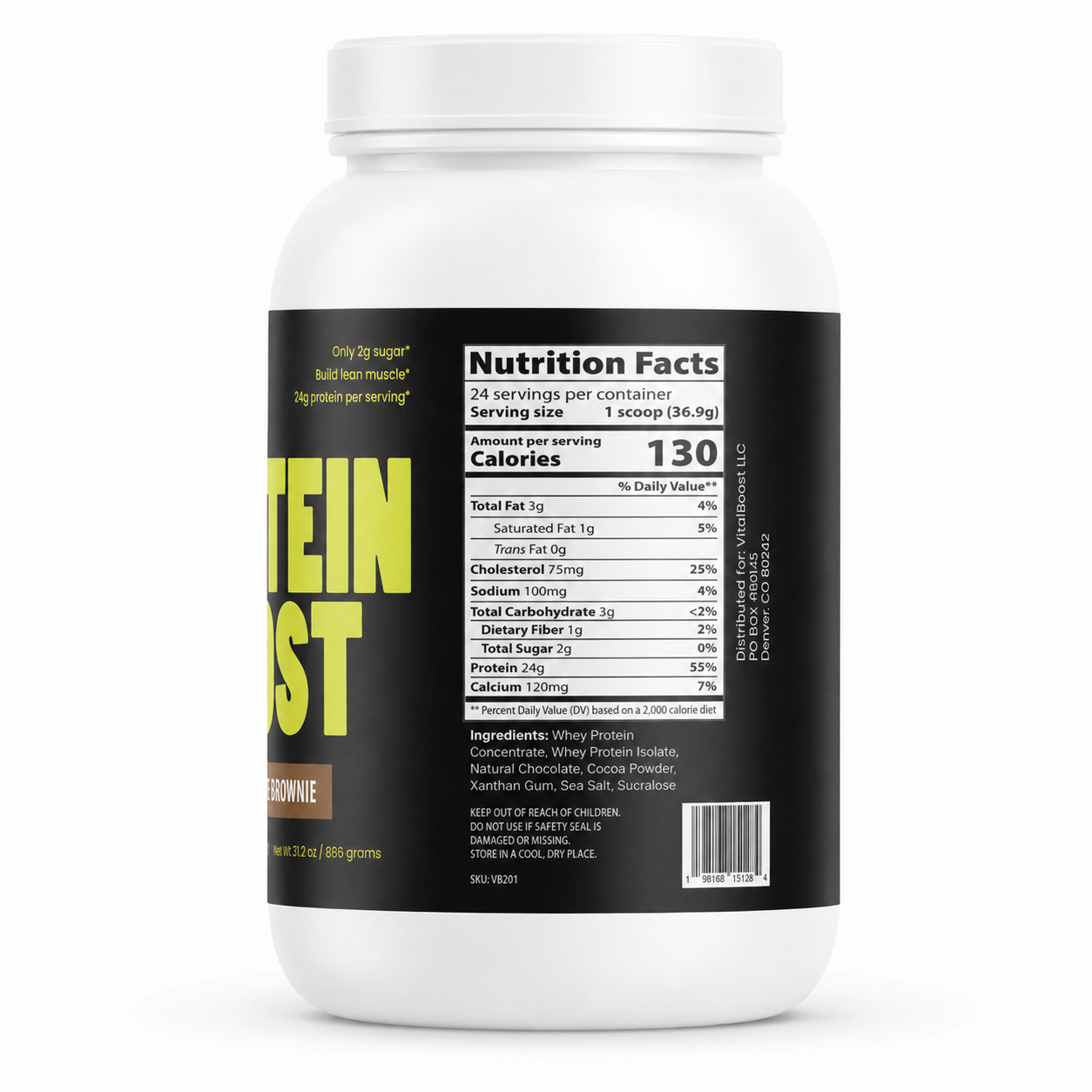 VB Health protein supplement container supplement facts side of bottle. Black label on a white background
