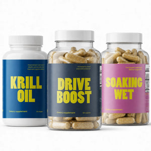 Sexual health supplement stack for women. Three supplement bottles labeled 'Krill Oil', 'Drive Boost', and 'Soaking Wet' on a white background.