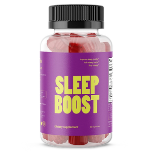 Bottle of VB Health's 'Sleep Boost' melatonin gummies with a purple label and black cap.