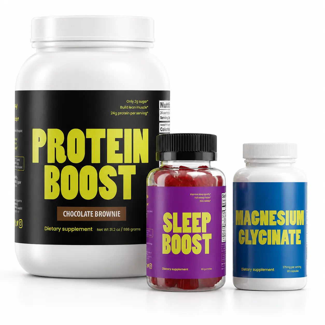 The sleep stack for athletes. Three supplement bottles labeled 'Protein Boost', 'Sleep Boost', and 'Magnesium Glycinate' on a white background.
