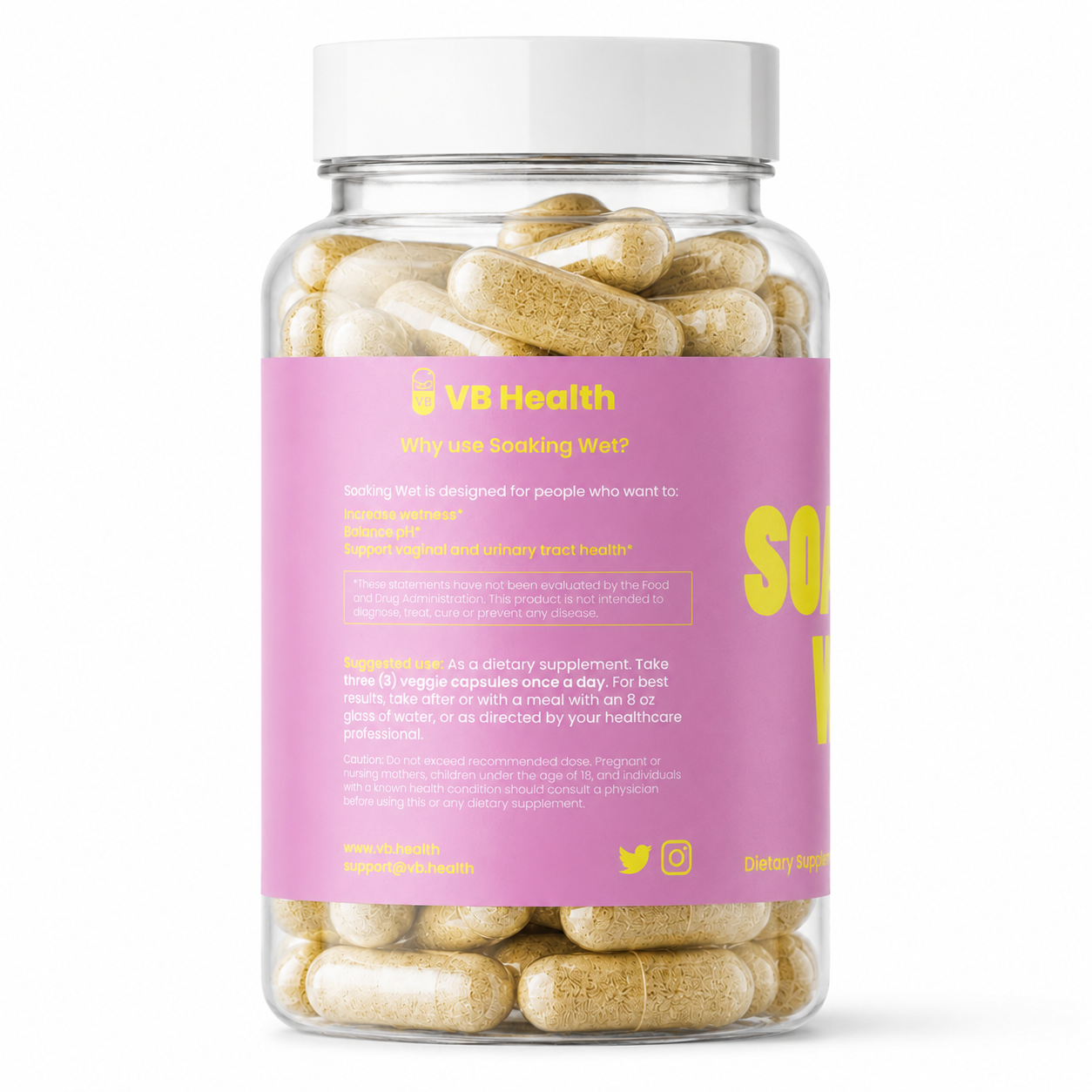Side of bottle of soaking wet. How to take supplement. Bottle with a pink label on a white background