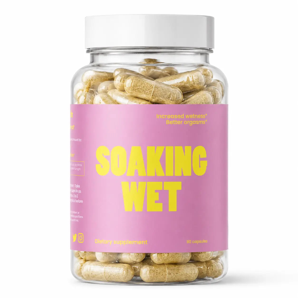 Supplement bottle labeled 'Soaking Wet' probiotic for vaginal dryness with pink label and white background. Front of bottle
