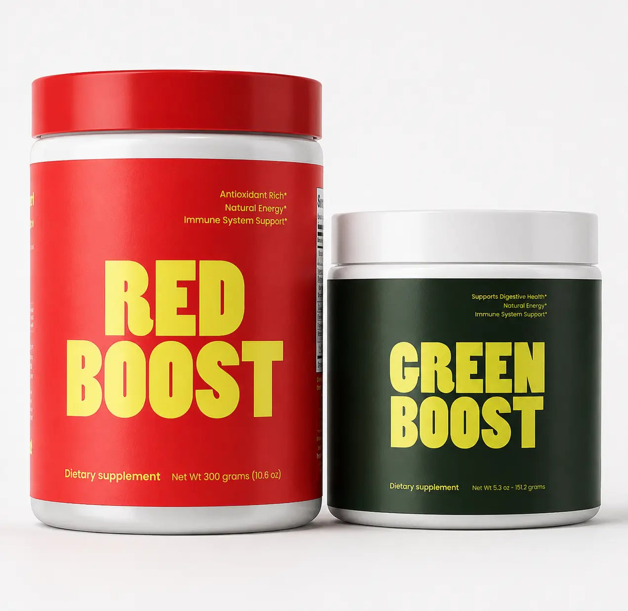 Two superfood powder containers labeled 'Red Boost' and 'Green Boost' on a white background.