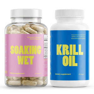 Vaginal Wetness Stack - Two dietary supplement bottles labeled 'Soaking Wet' and 'Krill Oil' on a white background.