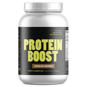 Protein boost supplement container with 'Chocolate Brownie' flavor on a white background